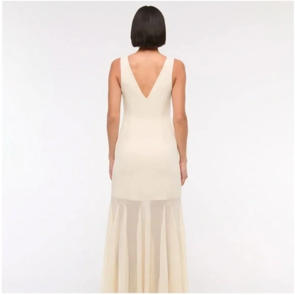 Abercrombie Plunge Godet Skirt Maxi Dress in Ivory Cream